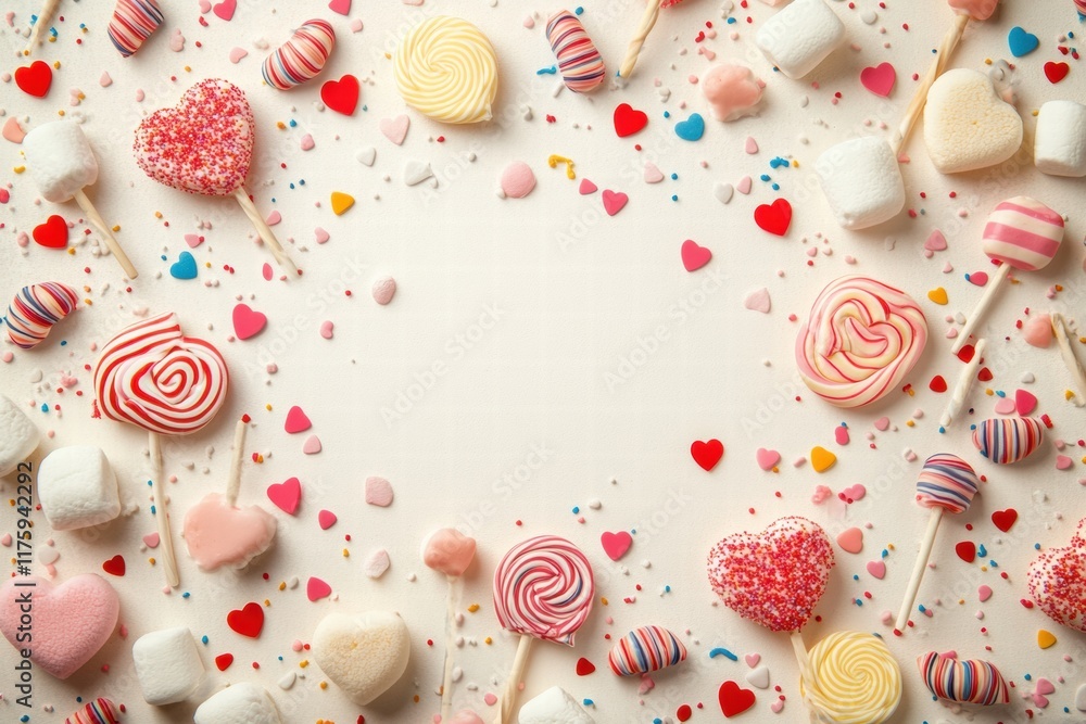 Poster colorful candy display surrounding an empty space for creative dessert presentation at a festive eve