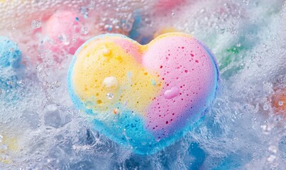 Obraz premium Pastel colored heart shape bath bomb dissolves in water