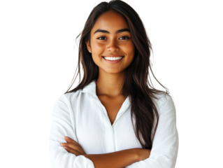 Young woman smiling with crossed arms in a studio
