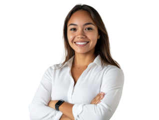 Smiling woman stands confidently, arms crossed