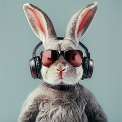 a cool easter male bunny, with sunglassesn with headphones, in neon light - Generative AI	
