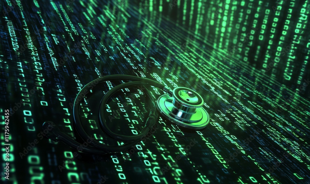 Aufkleber stethoscope on digital background with binary code, healthcare technology, health informatics
