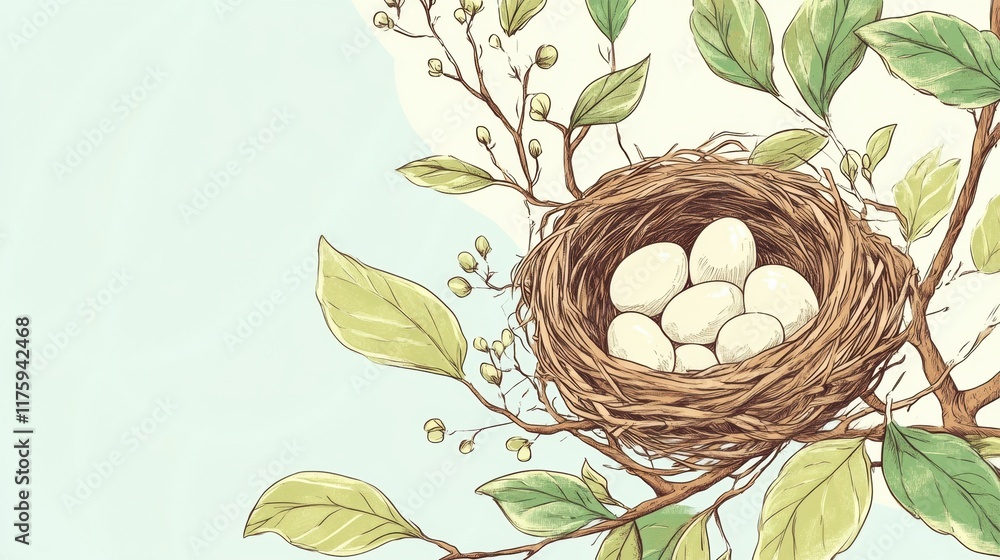 Aufkleber Delicate hand drawn nest with eggs surrounded by leaves and branches in a serene natural setting. Generative AI