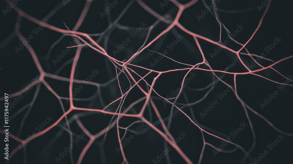 Poster abstract network of interconnected lines resembling neurons or capillaries on a dark background.