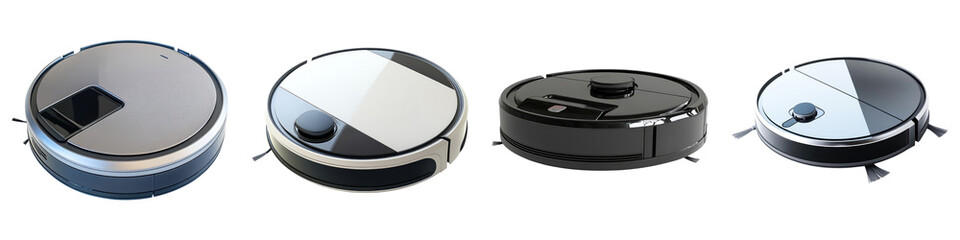 Robotic vacuum cleaner isolated on transparent background, Set of