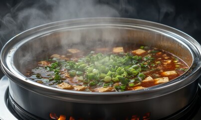 Steaming hotpot of spicy tofu soup with fresh scallions