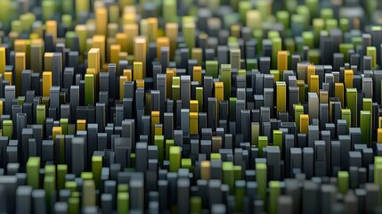 Fototapeta premium A vibrant, abstract landscape of varying vertical bars in green, yellow, and gray hues.