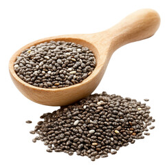 Obraz premium Chia seeds in a wooden scoop with some seeds spilled on a bright background, highlighting their texture and natural color, Chia seeds isolated