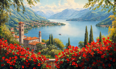 viewpoint over Lago di Como Italy painting with lake and mountains and lush green vegetation