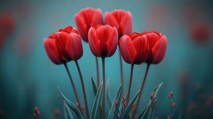Fototapeta premium Five red tulips in bloom, close-up.