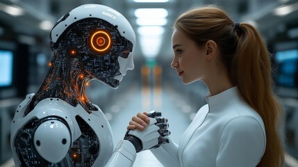 A human and a humanoid ai robot looking at each other, symbolizing trust, artificial intelligence, and the evolution of human-machine relationships in a futuristic setting.
