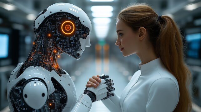 A human and a humanoid ai robot looking at each other, symbolizing trust, artificial intelligence, and the evolution of human-machine relationships in a futuristic setting.