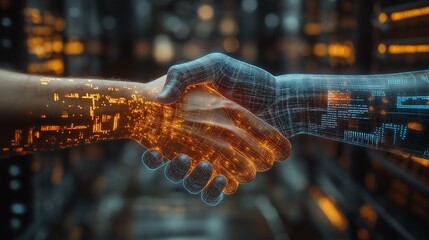 A handshake between a human and a digital AI robot, symbolizing artificial intelligence, cyber technology, and the evolution of digital human and machine interactions