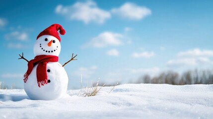 Obraz premium Funny snowman wearing a stylish red hat and scarf stands cheerfully against a snowy field and blue sky