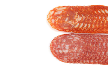 Salami smoked sausage, isolated on white background.