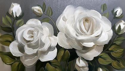 Abstract rose flowers, white acrylic painting on canvas. Oil painting, brush strokes. Hand drawn art