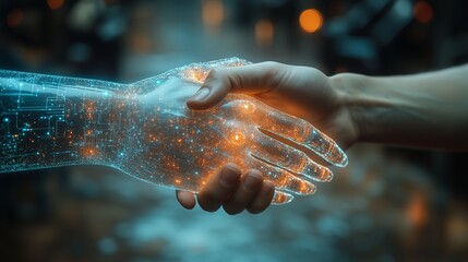 A handshake between a human and a digital AI robot, symbolizing artificial intelligence, cyber technology, and the evolution of digital human and machine interactions
