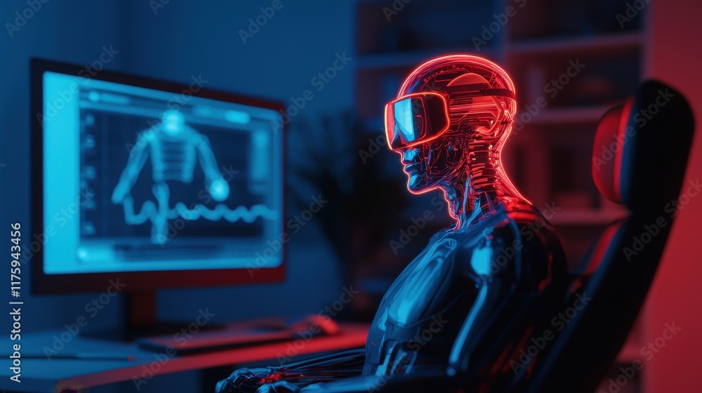 Poster a futuristic humanoid robot wearing vr goggles, seated in front of a computer displaying health data