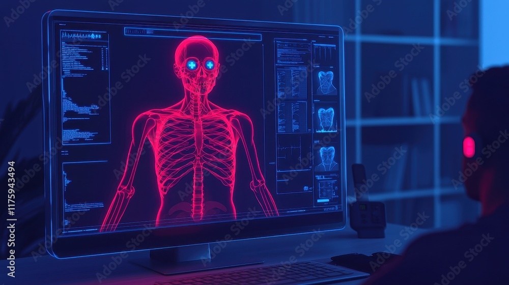 Poster a person monitors a computer displaying a neon-colored digital skeleton, illustrating advanced anato