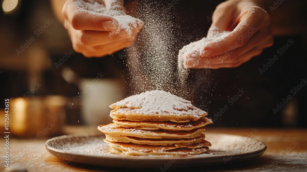 Aufkleber hands sprinkling powdered sugar over a stack of fluffy pancakes in a cozy kitchen setting during bre