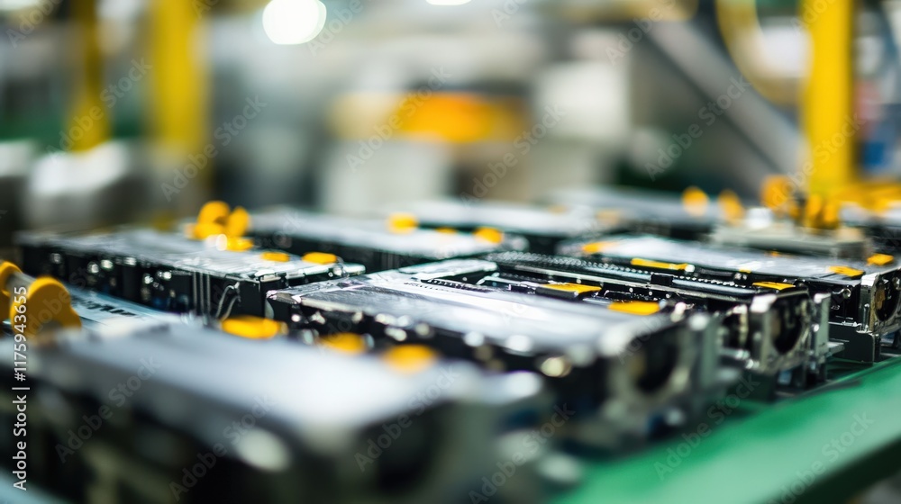 Poster close-up view of precision engineered electronic components on production line showcasing modern man