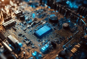 glowing circuit board blue details lines microchip close