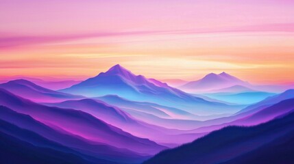 Sunset casts vibrant purple and blue hues over undulating mountain landscape in serene evening light
