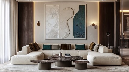 Minimalist living room, curved white sofa, textured walls, abstract art, organic shapes, neutral color palette, pampas grass, wooden coffee table, earthy tones, natural materials, soft lighting, conte