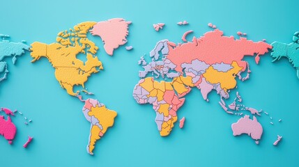 A colorful world map puzzle against a turquoise background, showcasing continents in vibrant hues, perfect for educational or decorative purposes.