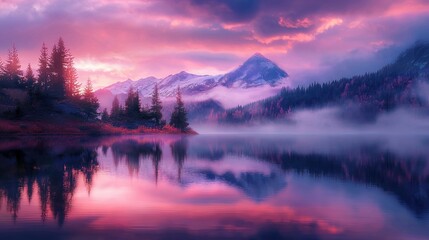 Fototapeta premium Serene sunset at mountain lake with colorful sky reflecting in calm waters