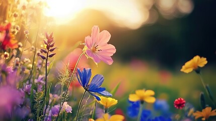 Vibrant wildflowers bloom brilliantly under golden sunset light in a serene natural setting
