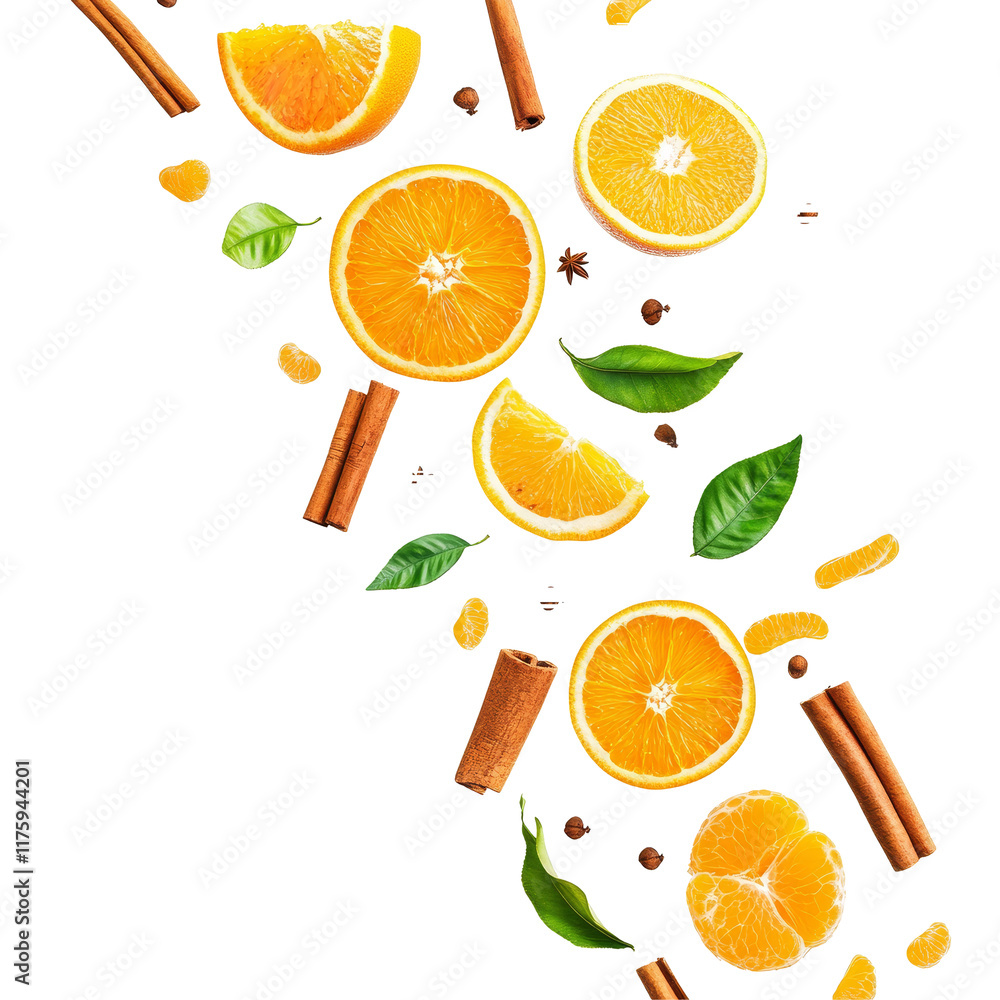 Poster fresh oranges and aromatic cinnamon scattered with green leaves on a transparent background in an ar