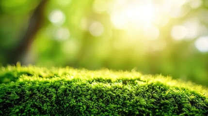 Naklejka premium Lush green moss thrives under sunlight in a serene natural environment filled with vibrant foliage