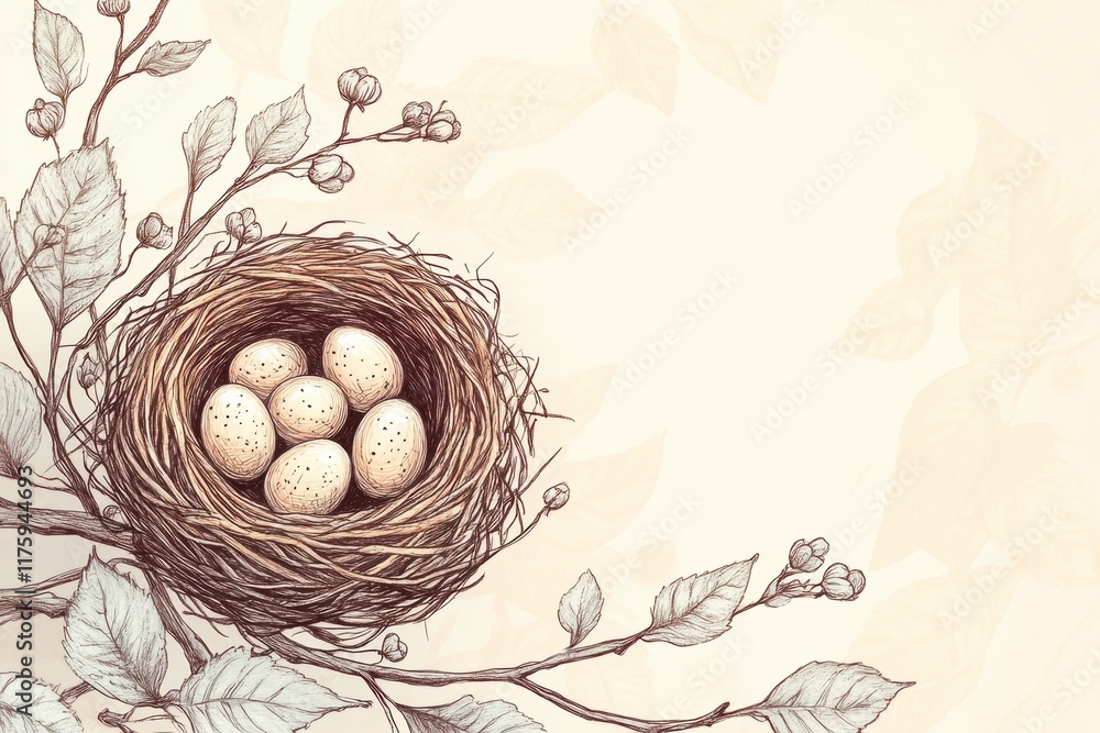 Poster Doodle illustration of a nest with eggs resting in delicate branches and leaves. Generative AI