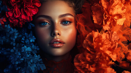Fototapeta premium Portrait of a young woman with striking blue eyes and a crown of autumn leaves against a dark background