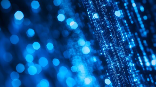 Blue abstract bokeh background features a mesmerizing array of vertical stripes that are artfully blurred, creating a captivating visual representation of modern technology