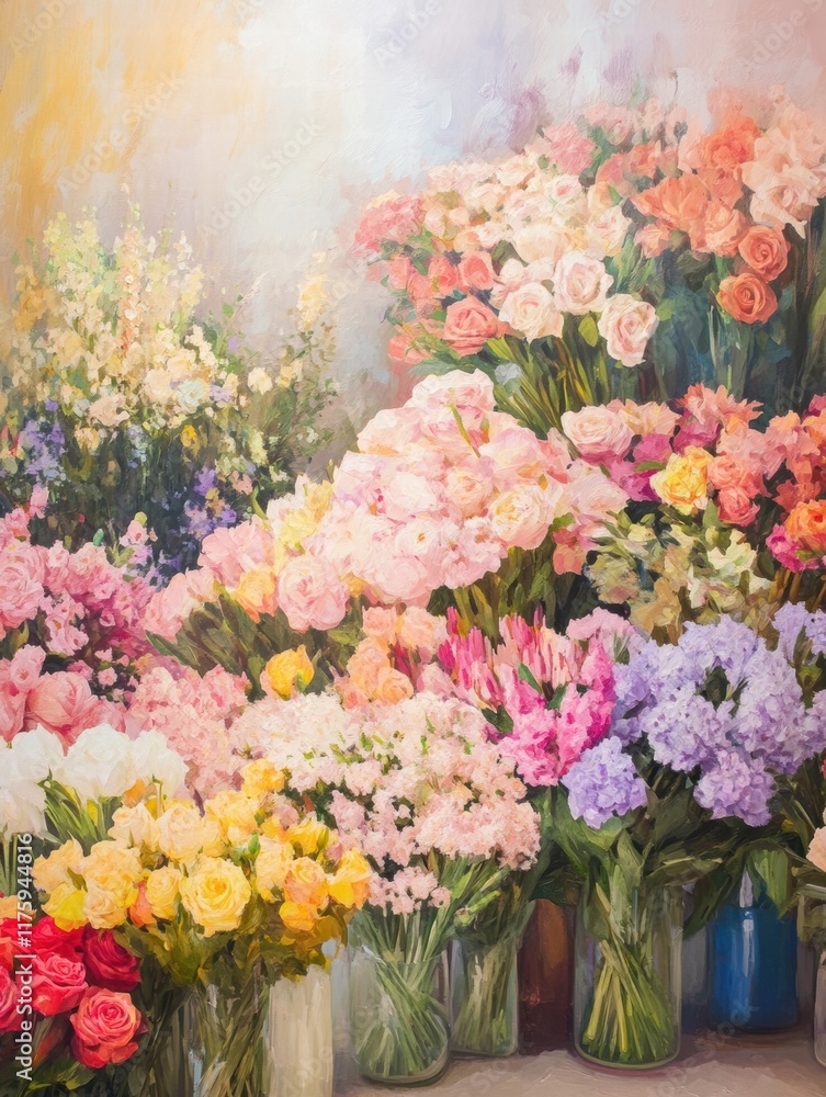 Poster Colorful array of flowers in various shades displayed in glass jars at a vibrant market setting. Generative AI