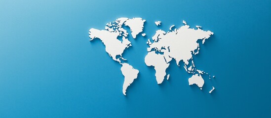A minimalist world map in white on a blue background symbolizing global connectivity, international unity, and worldwide communication without borders..