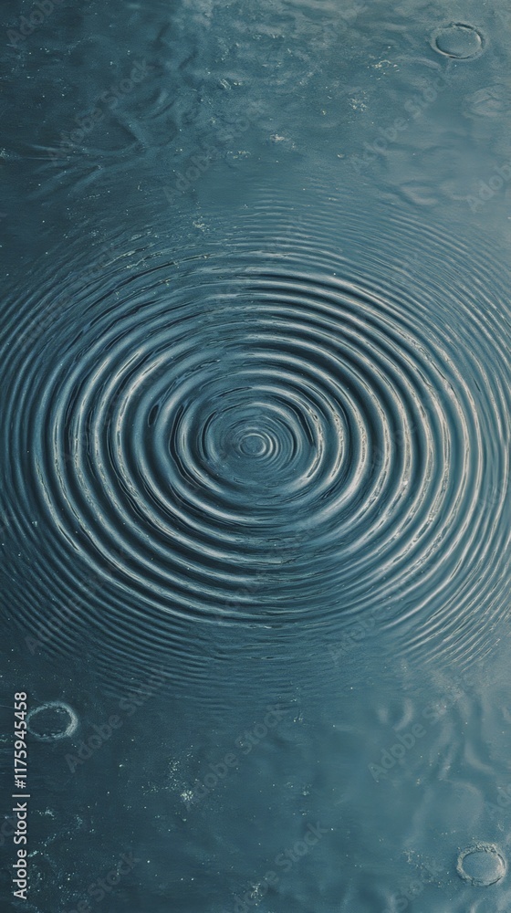 Poster gentle rain droplets falling on a calm water surface, creating mesmerizing concentric ripples that e