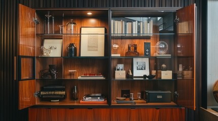 Mid-century modern display cabinet, interior, collectibles, books, lit shelves, home decor