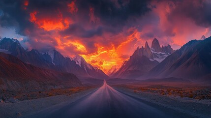 Fiery sunset over majestic mountains and a winding road.