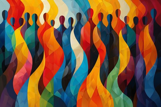 A vibrant abstract digital artwork of human DEI figures in colorful flowing patterns symbolizing diversity, inclusion, social harmony, and the interconnected nature of humanity..