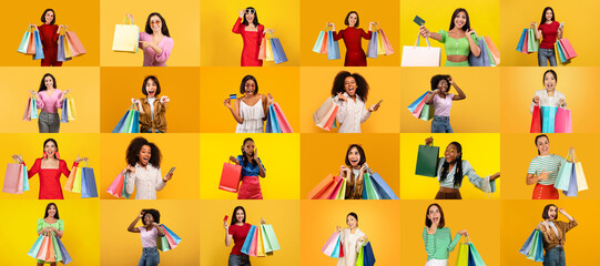 A colorful collection showcases diverse individuals celebrating shopping excitement with bags in hand.