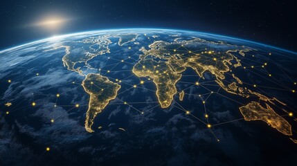 A glowing world map at night with illuminated connections representing AI global networking, communication, international relations, and digital connectivity in a modern world..