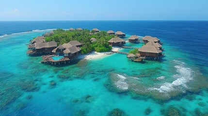 Aerial view of a tropical resort island with overwater bungalows and turquoise waters.