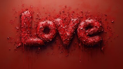 3D rendered word LOVE in red, textured, dripping style.