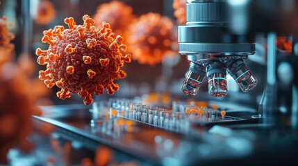 Microscope examining virus cells on a digital interface in a high-tech laboratory setting