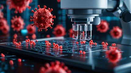 Microscope examining virus cells on a digital interface in a high-tech laboratory setting