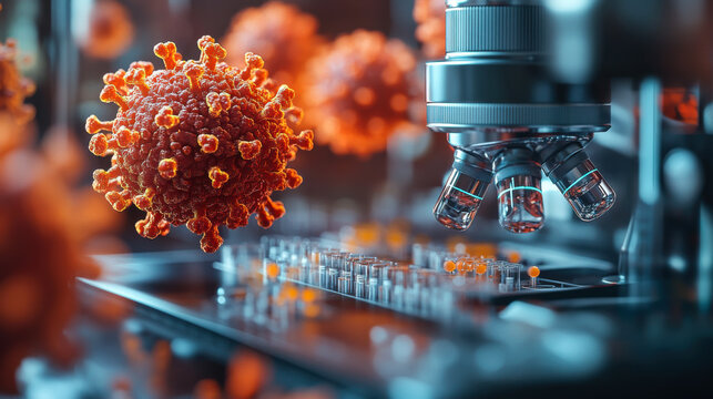 Microscope examining virus cells on a digital interface in a high-tech laboratory setting