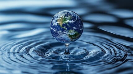 A delicate glass-like Earth rests on a single water droplet, sending ripples across the surface, symbolizing environmental balance, global impact, and sustainability..